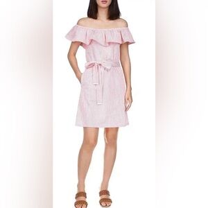 MICHAEL KORS WOMEN'S RUFFLED OFF-THE-SHOULDER MINI DRESS, GRAPEFRUIT SIZE LARGE